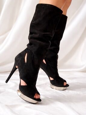 Velvet Angels Slouch Genuine Suede Elegant Open Toe Black High Heel Boots